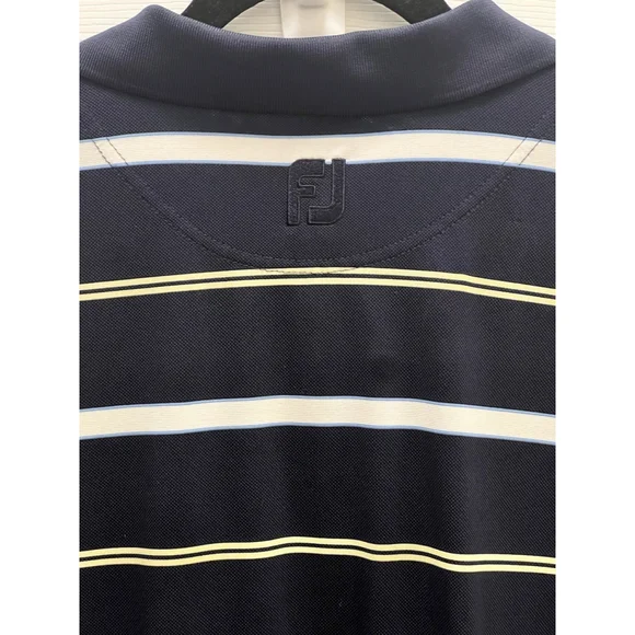 FootJoy FJ Golf Polo Shirt Stretch Men's Size Large Blue Yellow White Striped - Picture 5 of 10